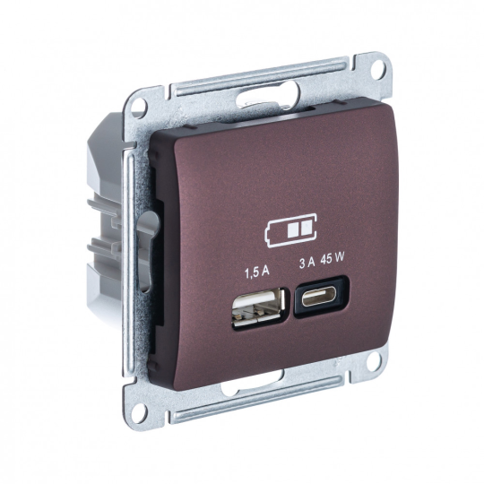GLOSSA USB РОЗЕТКА А + тип-С 45Вт высокоскор.заряд. QC,PD, мех., БАКЛАЖАНОВЫЙ