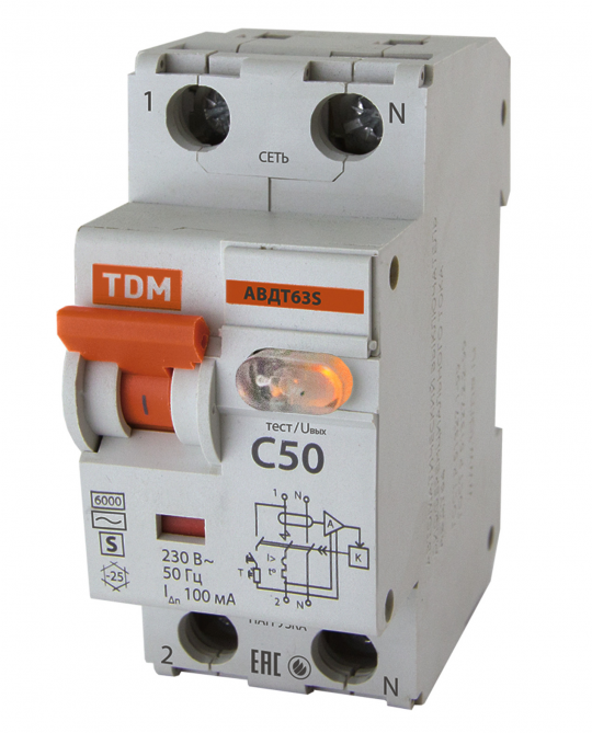 Автоматический Выключатель Дифференциального тока селективного типа АВДТ 63S 2P(1P+N) C50 100мА 6кА тип АС TDM