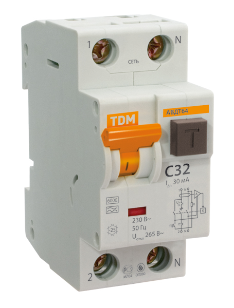 АВДТ 64 2Р(1Р+N) C25 30мА тип А защита 265В - Автоматический Выключатель Дифференциального тока  TDM