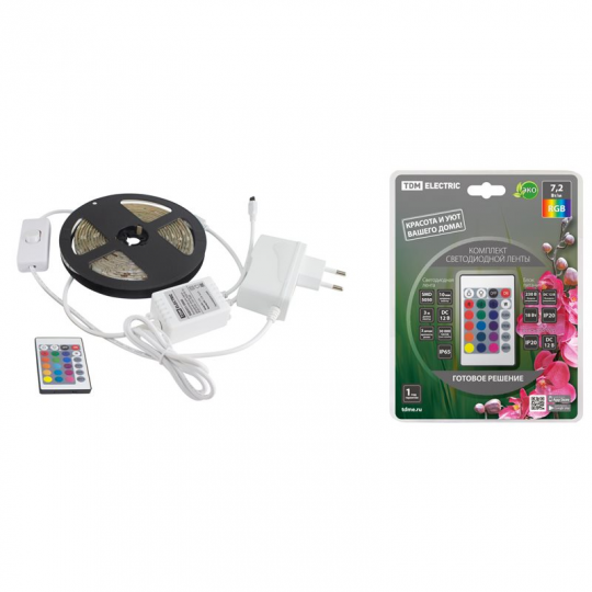 Комплект светодиодной ленты SMD5050-30 LED/м-12 В-7,2 Вт/м-IP65-RGB (3 м), 18 Вт, IR-контроллер TDM