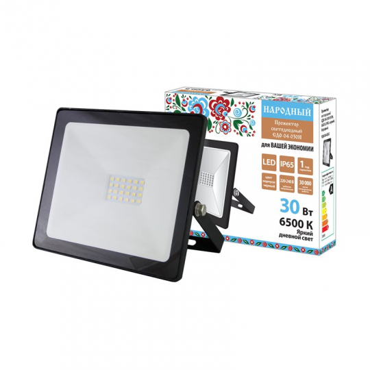 Прожектор светодиодный СДО-04-030Н 30 Вт, 6500 К, IP65, черный, Народный