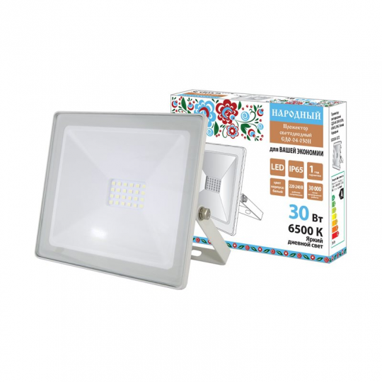 Прожектор светодиодный СДО-04-030Н 30 Вт, 6500 К, IP65, белый, Народный