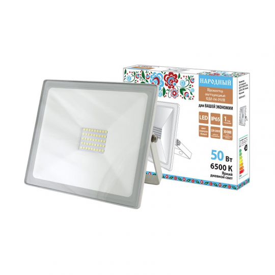 Прожектор светодиодный СДО-04-050Н 50 Вт, 6500 К, IP65, белый, Народный