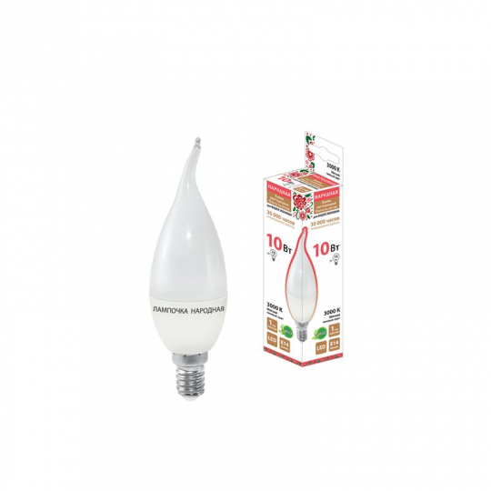 Лампа светодиодная WFC37-10 Вт-230 В -3000 К–E14 (свеча на ветру) Народная