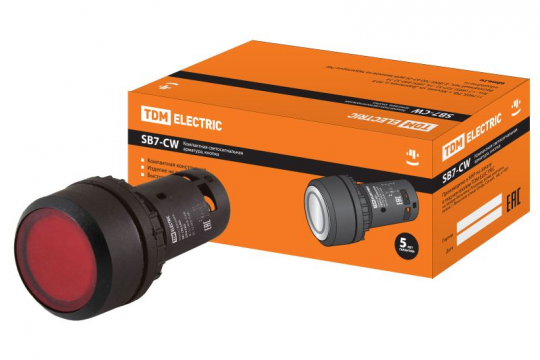 Кнопка SB7-CWL3465 с фиксацией, 1НО+1НЗ, d22 мм, с подсветкой 220 В LED, красная, IP54 TDM
