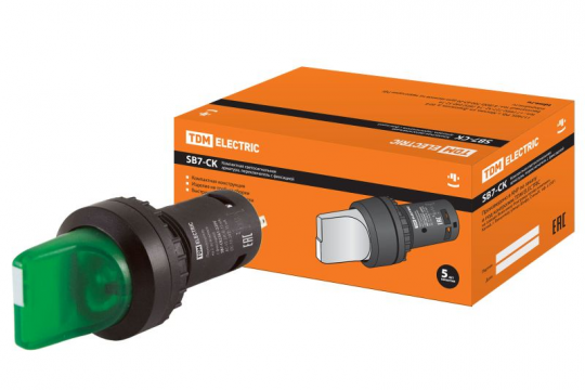 Переключатель на 2 положения SB7-CK2361 с фиксацией, 1НО, d22 мм, с подсветкой 220 В LED, зеленый, IP40 TDM