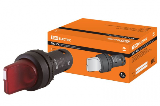 Переключатель на 2 положения SB7-CK2462 с фиксацией, 1НЗ, d22 мм, с подсветкой 220 В LED, красный, IP40 TDM