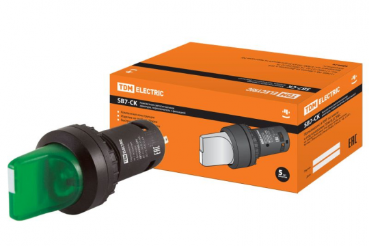 Переключатель на 2 положения SB7-CK2365 с фиксацией, 1НО+1НЗ, стандартная ручка, d22 мм, с подсветкой 24 В LED, зеленый, IP40 TDM