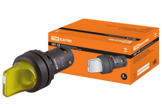 Переключатель на 2 положения SB7-CK2565 с фиксацией, 1НО+1НЗ, стандартная ручка, d22 мм, с подсветкой 220 В LED, желтый, IP40 TDM