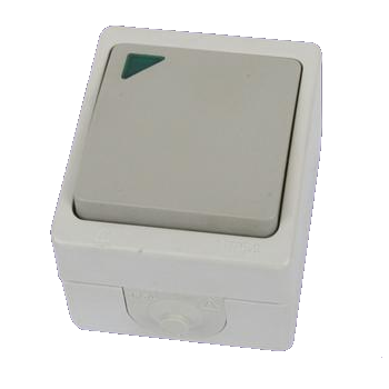 Переключатель на 2 направления 1-кл. с подсветкой открытой установки IP54 10А серый 